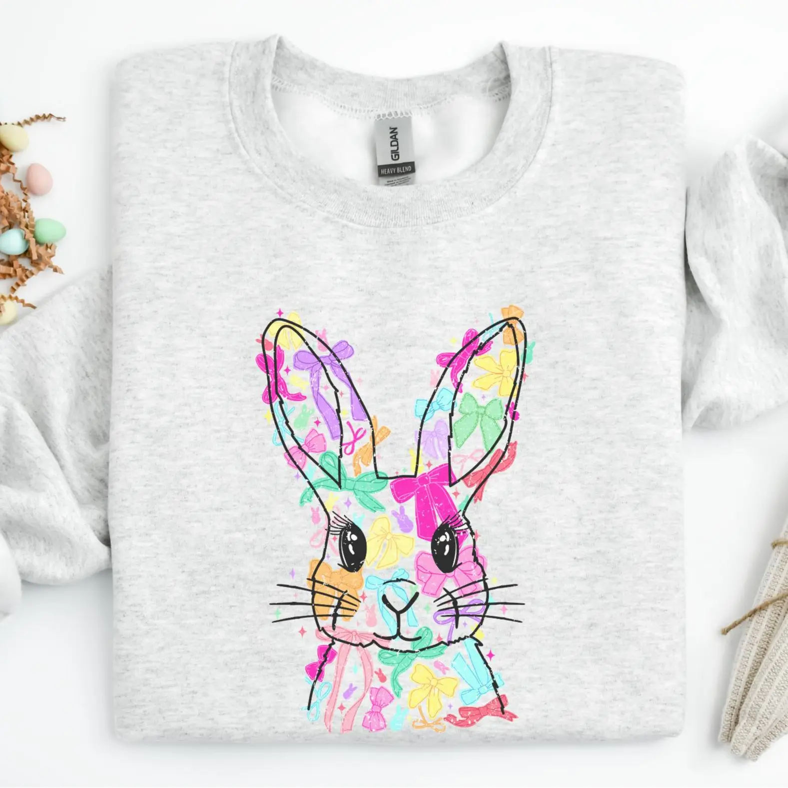 Colorful Easter Bunny Sweatshirt, Cute Rabbit Graphic Crewneck Pullover, Spring Holiday Outfit, Trendy Easter Gift for Women, Happy Easter