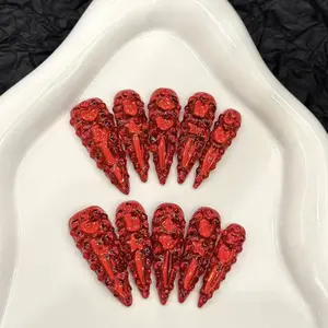 10pcs high-end Light luxury red long style handmade fake nails, Red nail decoration patches for girls