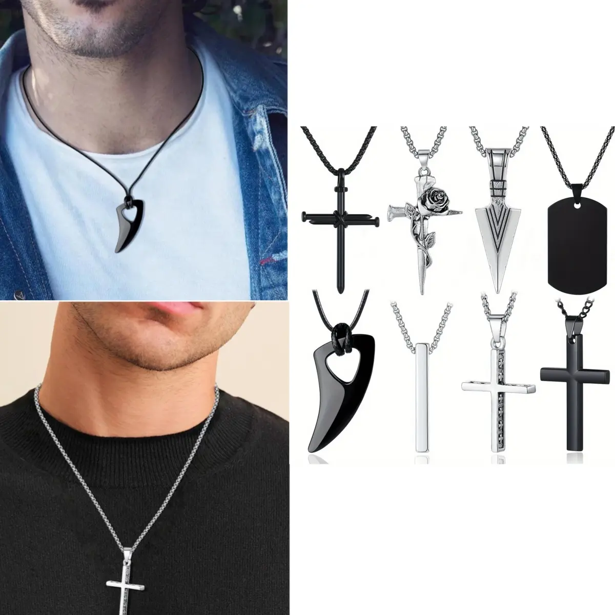 8Pcs Necklace for Men, Mens Necklaces Jewelry Set, Black and Silver Stainless Steel Necklace, Cross Pendant Necklace