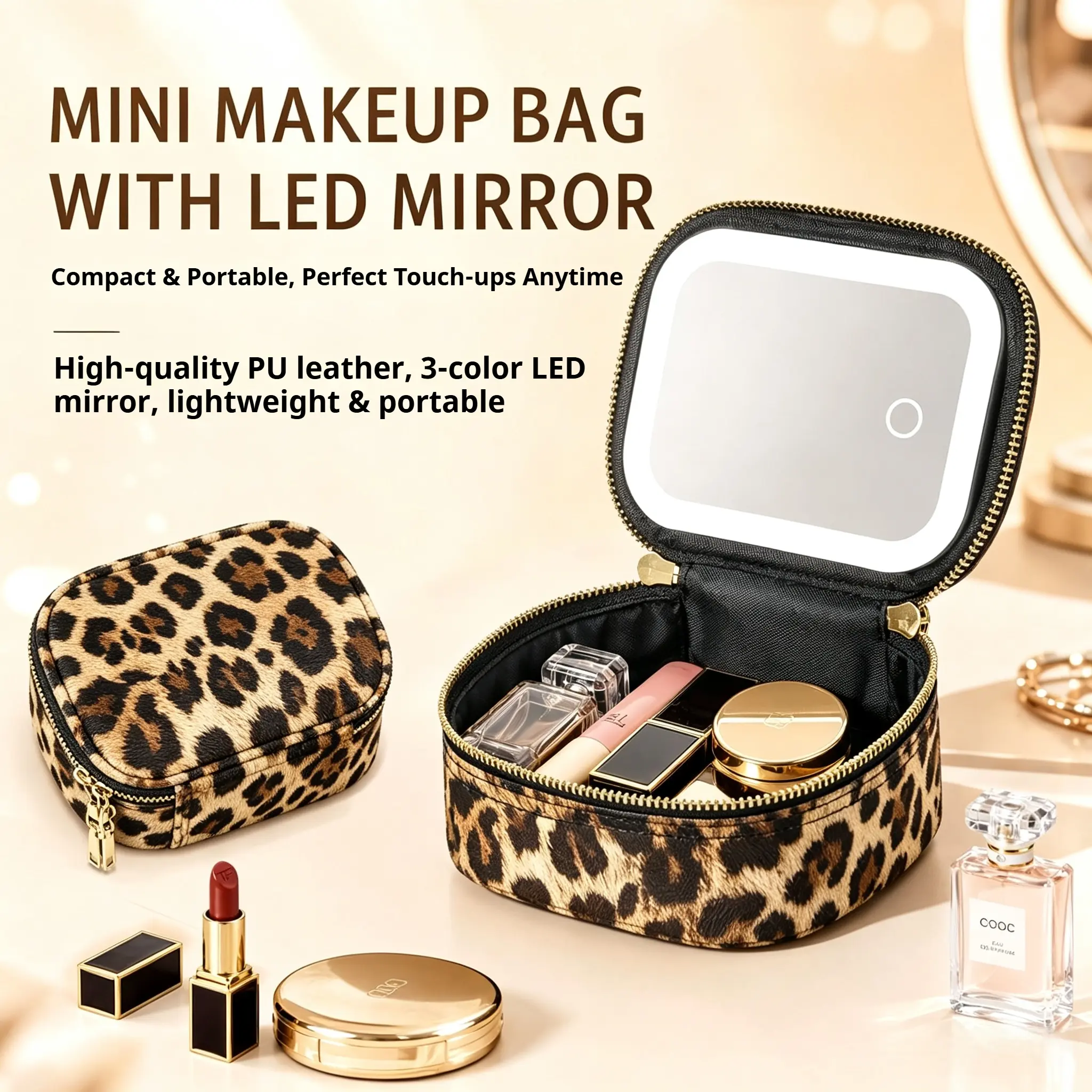 Mini LED Makeup Case with Mirror for Women, Portable Travel Vanity Organizer, Leopard Cosmetic Storage Box with Adjustable Lights, Bathroom Countertop Organizer & Home Storage Solution