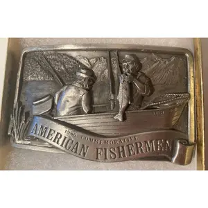 Vintage 1986 Metal Belt Buckle, American Fishermen, Fishing, Bass, Boat, Nice Design, 3 1/2" x 2 1/4", Heavy Duty, Quality, Thick Metal