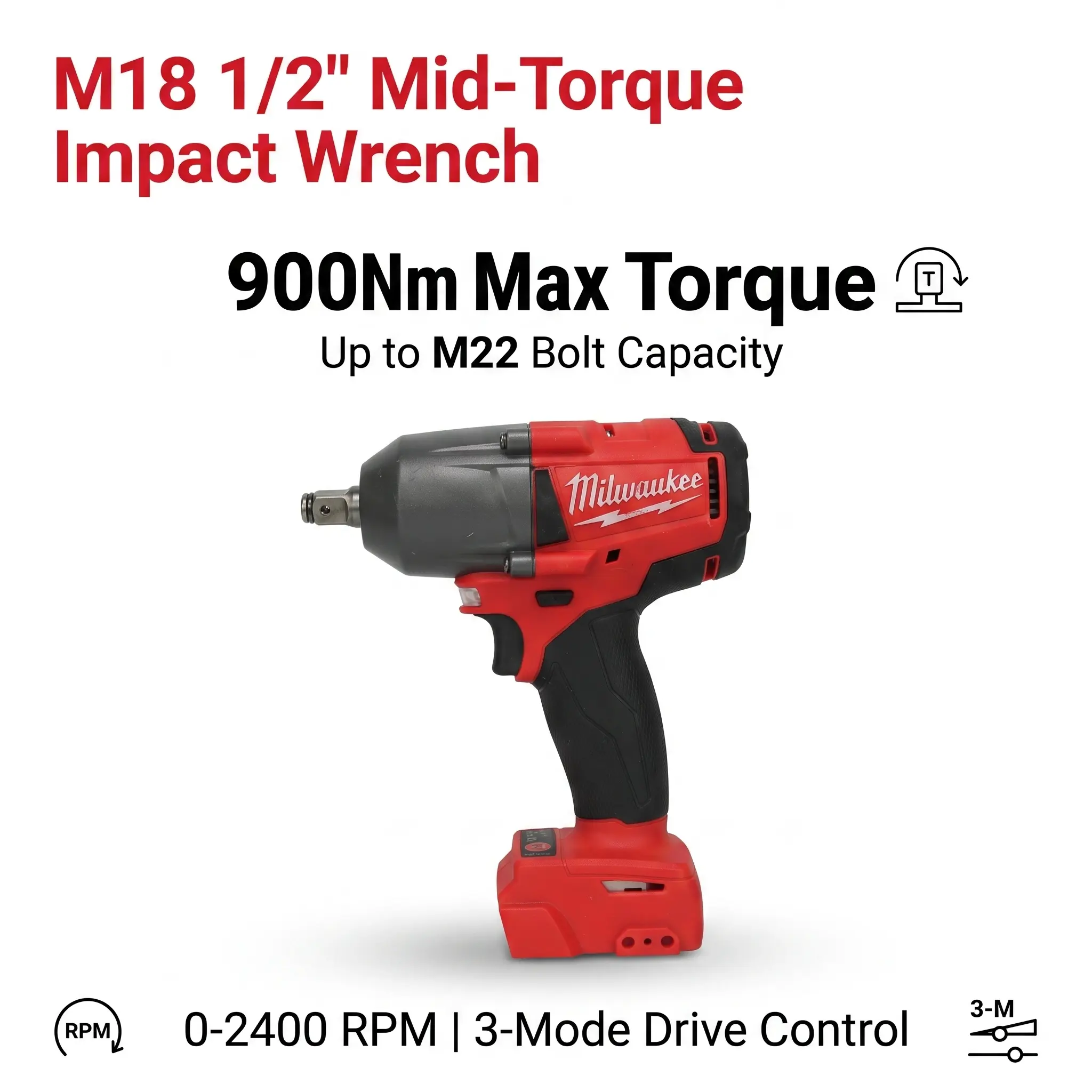 Milwaukee M18 FMTIWF12 1/2" Cordless Brushless Impact Wrench - 900Nm Torque, 3-Speed, M22 Bolt-Compatible Professional Hand Tool for Hardware Tasks