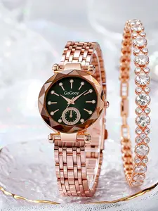 Women's Alloy Quartz Watch & Bracelet Set, Casual Analog Wristwatch with Rhinestone Strap, Casual Trendy Wristwatch, Perfect Gift for Birthdays & Holidays
