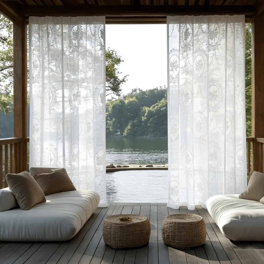 1pc Bohemian Style Outdoor Balcony Patio Door Curtain, European Vintage Embroidery, Semi-Transparent Soft Fabric, Pole Bag Design, Sunscreen Breathable