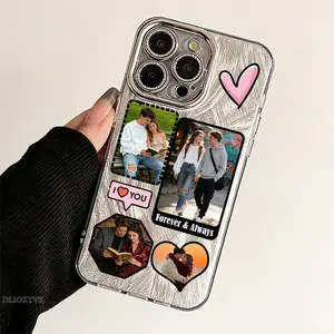 Custom Your Own Photo Pattern Phone Case for iPhone 17 Pro Max 17Air 16 Plus 15 14 13 12 11 Fashionable Silver Brushed Texture Shockproof Protective Casing Cover Combination Design of 4 Images