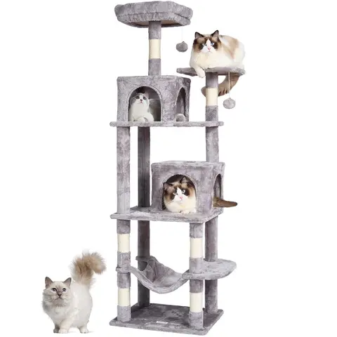 VEVOR 63" Cat Climb Tower, Light Grey Large Indoor Pet Furniture Activity Center with 2 Condos, Sisal Scratching Post, Hammock, Top-Perch View, Jumping Platforms, Hang Ball, Anti-Tip Strap for Play & Rest