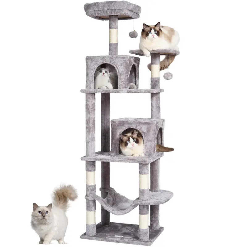 VEVOR 63" Cat Climb Tower, Light Grey Large Indoor Pet Furniture Activity Center with 2 Condos, Sisal Scratching Post, Hammock, Top-Perch View, Jumping Platforms, Hang Ball, Anti-Tip Strap for Play & Rest