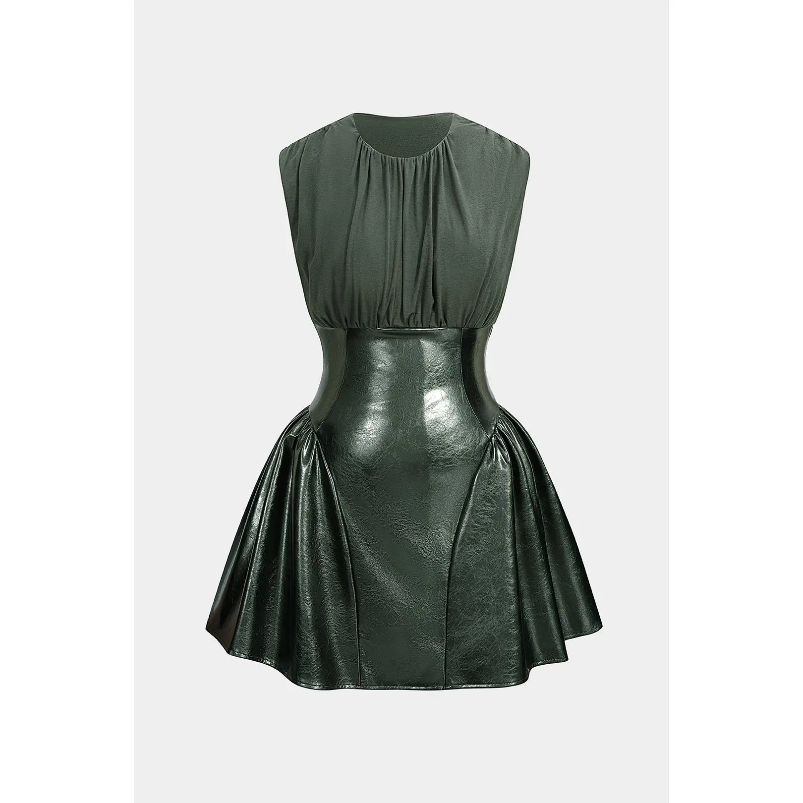 Women's Faux Leather Patchwork Ruched Sleeveless Mini Dress - 61% Polyester, 33% Viscose, Elastane, No Excessive Ornamentation, for Daily Wear, Pull On, All Seasons, Short Length, Casual, Fit, Slim, Ruched Detail, Minimalist, Basic