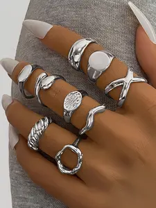 Vintage Style Geometric Metal Rings Set, Statement Multi Ring, Unique Design, Ideal Gift Choice, Elegant Jewelry Collection, All Seasons Wear