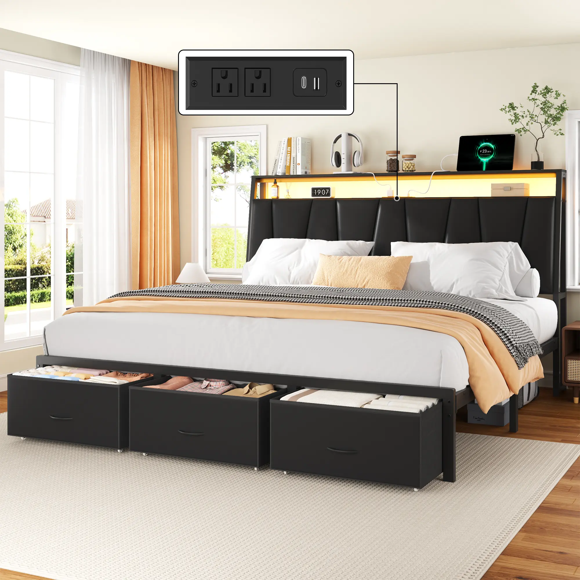 [SummerSale]  Bed Frame with LED Light and 2 Storage Drawers, Metal Platform Bed with Storage Headboard, Velvet Upholstered, Heavy-Duty Slats, No Box Spring Needed, Easy Assembly