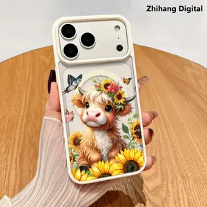 Highland Cow Sunflower Floral Phone Case Magnetic Phone Cases for iPhone 17 Pro Max Air 16 Plus 15 14 13 12 11 cased MagSafe Ready, Anti-Fall, Springtok and Ultra-Thin Design |   Perfect for Everyday Use Screen Protector Resistance Protective Cover