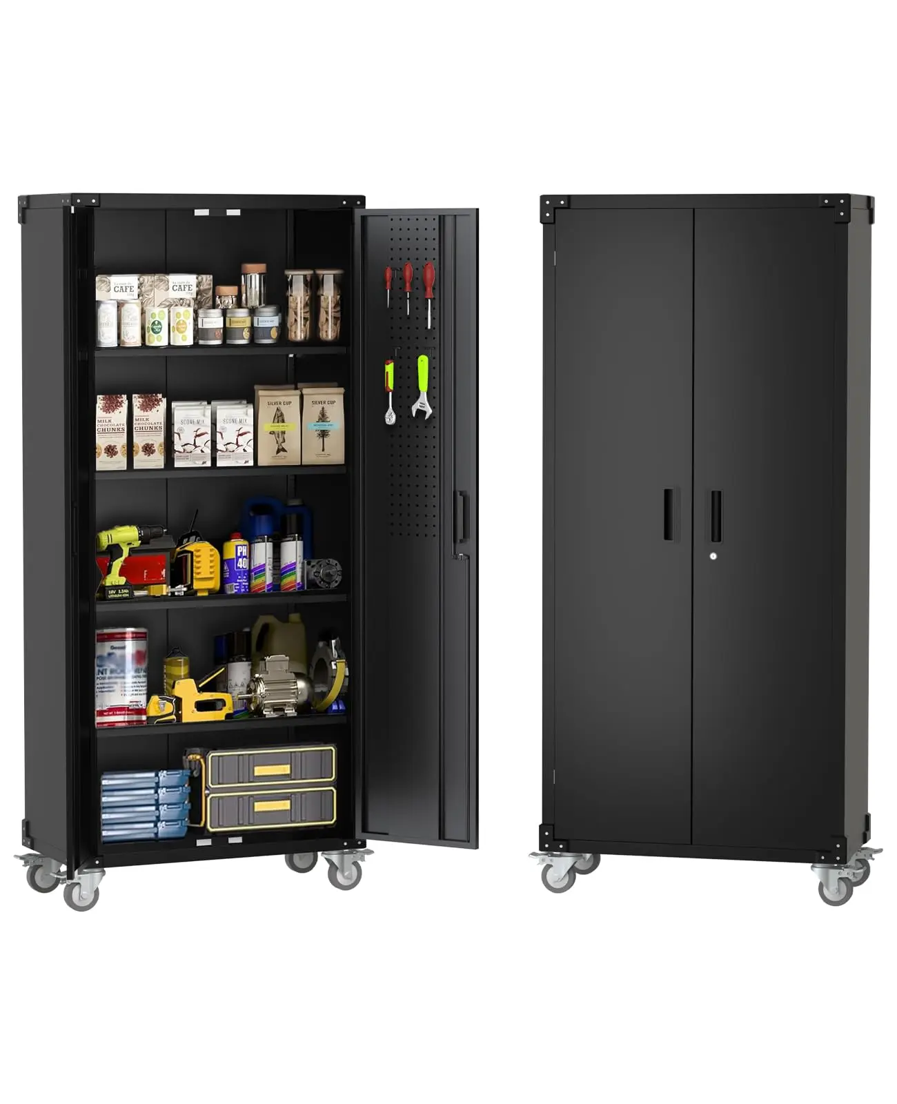 Garvee Lockable Rolling Metal Storage Cabinet, 72" Tall Steel Entryway/Garage Organizer - Pegboard Doors - 4 Adjustable Shelves - Magnetic Lock - 600 lb Capacity, Deep Black