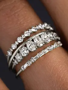 Women's Ring Set, Shiny Multi-Layered Copper Inlaid Zircon Oval Round Rectangle Rings, Wedding Engagement Bridal Stackable Jewelry, Cubic Zirconia Rings