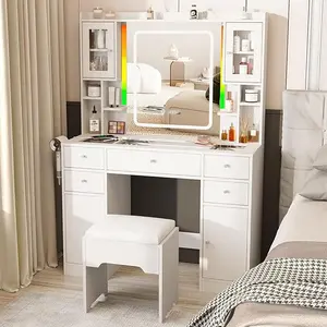[SummerVibes] Vabches White/Black Vanity Desk with LED Mirror,Makeup Vanity with Charging Station & RGB Lights,5 Drawers 4 Shelves Makeup Desk Vanity Table Stool Set with Glass Table Top & Time Display Lights