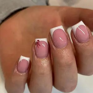 24pcs Short Square French Butterfly Knot Nail Tips, Acrylic Press-On Nails Set with Jelly Glue and File, Easy Wear for Parties and Daily Use, Fake Nails Kit