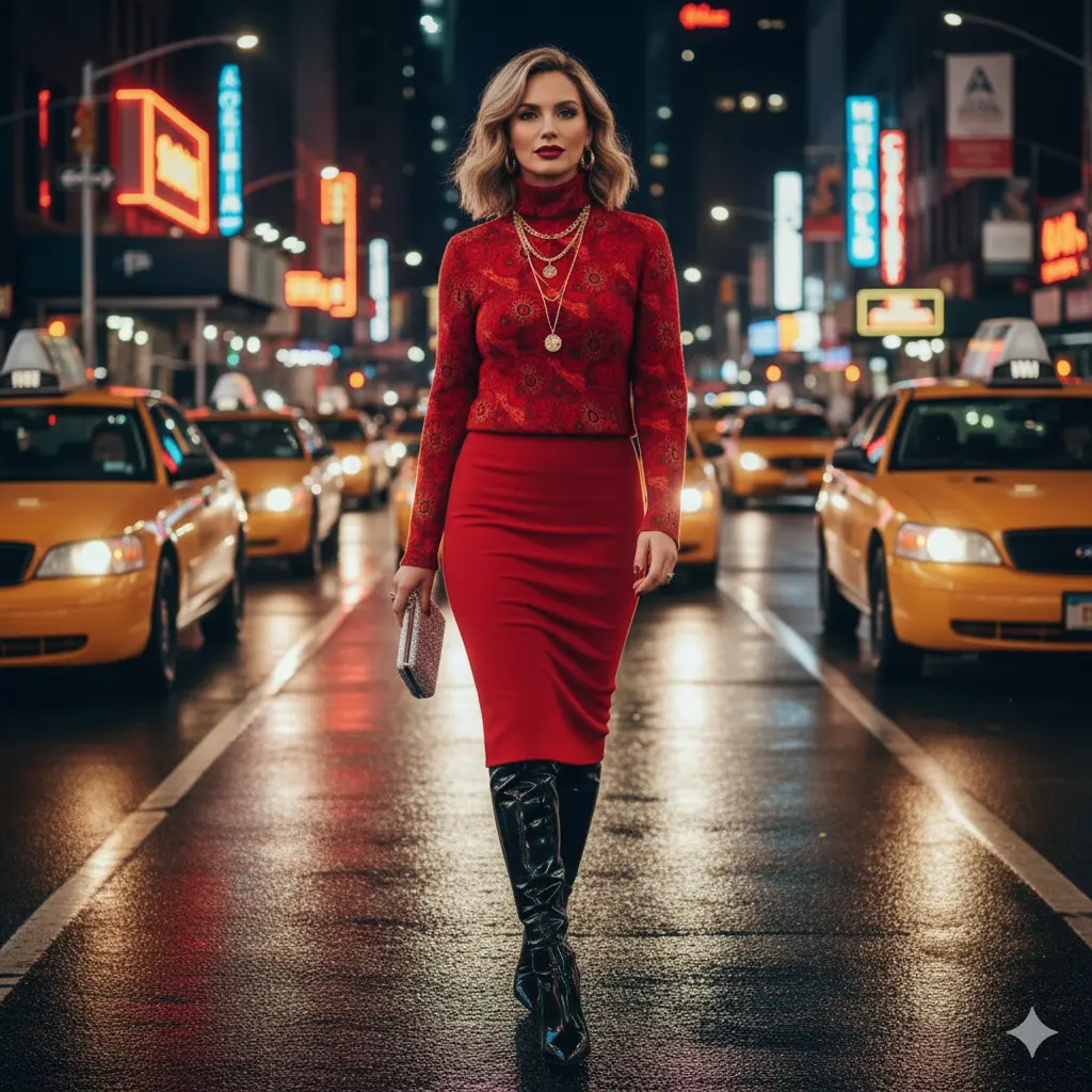 Algiers Red Turtleneck - Long Sleeve Jacquard Knit with Back Keyhole Detail for Women