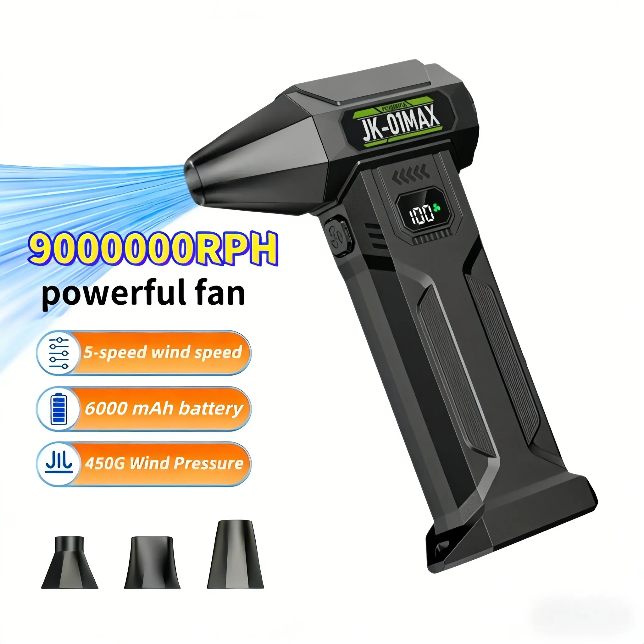Portable Turbine Blower, Multifunctional Jet Blower, Wireless Handheld Blower, Battery Operated Blower, 9000000RPH Snow Blower, 6000mAh battery pack, USB-C Fast Charging, 5 wind speed modes, Suitable for Dust Removal (cars/computers), Snow Pile Clearing