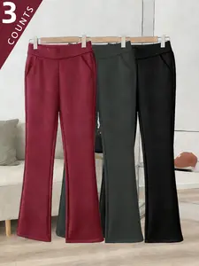 3PCS Plus size Cozy Women's Fleece-Lined Flare Pants - Soft, Warm High Waist Skinny Thermal Flares with Pockets for Winter Daily Activities