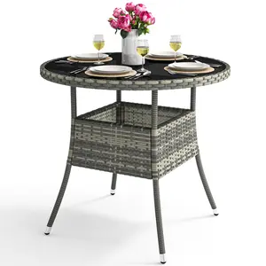 DWVO 31.5" Patio Table for 4-Person, Outdoor Patio Wicker Round Dining Table, All-Weather Rattan Bistro Dining Table w/Glass Tabletop for Backyard Deck Porch Poolside, Gray