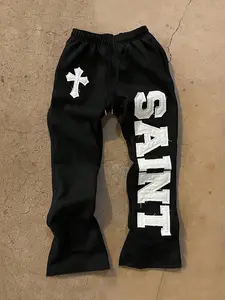 Y2K Aesthetic Black Fleece Graphic Sweatpants | Saint Cross Embroidery Bootcut Pants | Streetwear/Vintage/Everyday Outfit | Oversized Comfy Joggers for Gen Z | TikTok Viral #BootcutChallenge #StreetwearTrend #Y2KPants