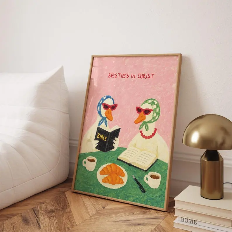 [Sale off up to 50%] [Free ship] [No Frame] Funny Christian Duck Wall Art Print Bible Study Poster Faith Based Wall Decor Gift Friends Christian Whimsical Bible Reading Illustration