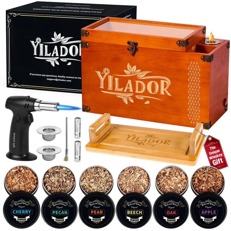 2-in-1 Drink & Food Smoker Kit - Classic, Electric Fan-Powered, No Smoking Gun Needed, Bamboo Utensils & Tray, 6 Natural Wood Chips, Whiskey Torch Accessory, Premium Wooden Gift Box, Home Bar Kitchenware, Holidays Gift for Men