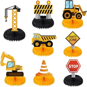 XY-SO01 8 Pcs Construction Birthday Party Centerpieces Supplies Decorations Honeycomb Car Truck Zone Centerpieces 3D Table Decorations for Baby Shower Birthday Construction Party Favors Supplies Light Signs
