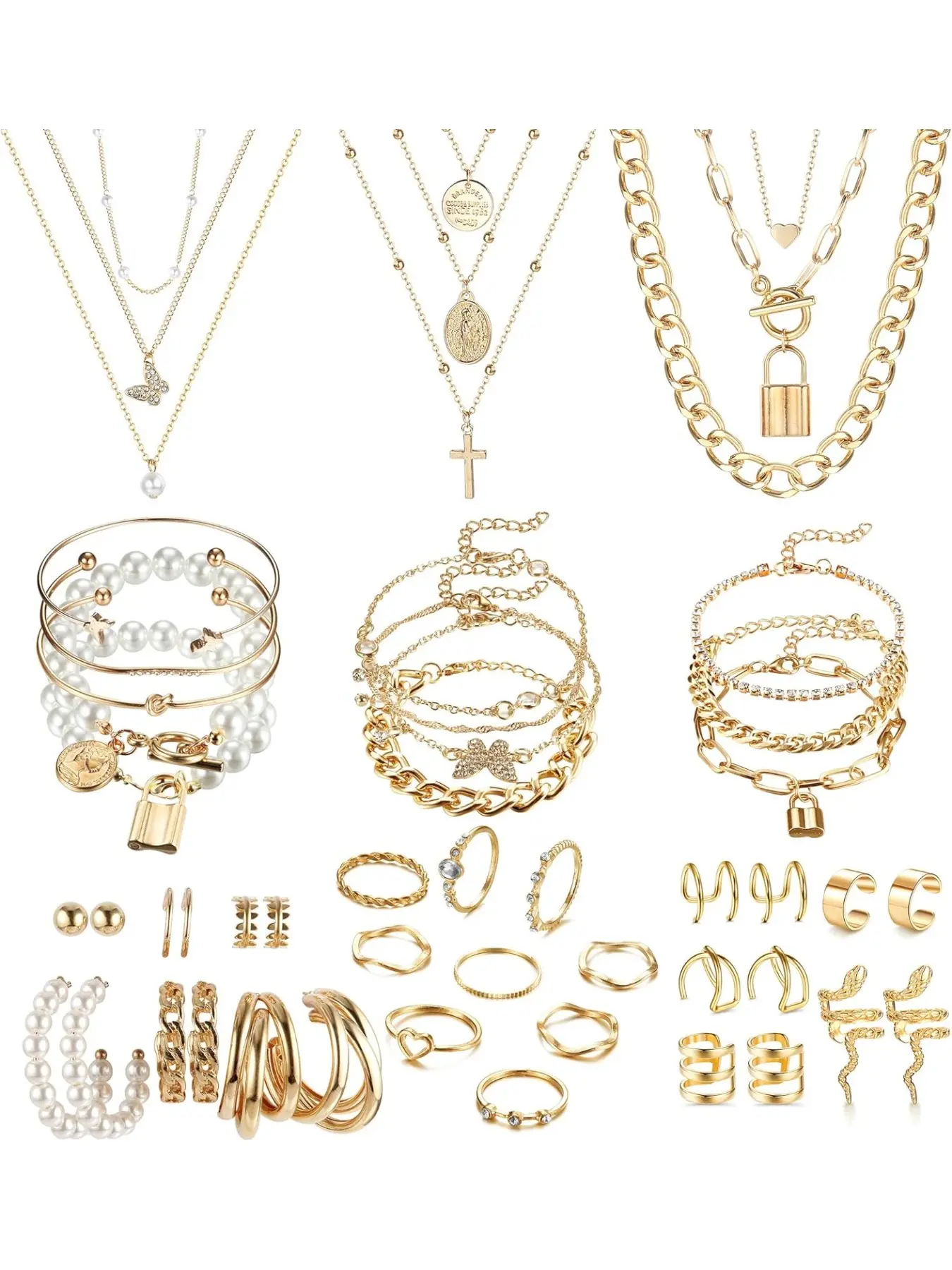 46 Pcs Gold Plated Elegant Fashionable Matching Jewelry Set, Necklace Gift Set for Women, Necklace & Bracelets & Knuckle Rings & Ear Cuffs & Earrings, Women's Accessories