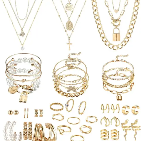 46 Pcs Gold Plated Elegant Fashionable, Necklace Gift Set for Women, Necklace & Bracelets & Knuckle Rings & Ear Cuffs & Earrings, Women's Accessories Accessory Set