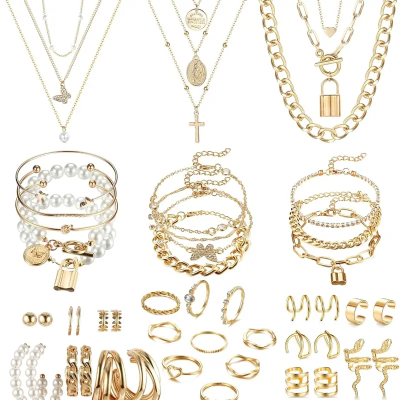 46 Pcs Gold Plated Elegant Fashionable, Necklace Gift Set for Women, Necklace & Bracelets & Knuckle Rings & Ear Cuffs & Earrings, Women's Accessories Accessory Set