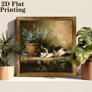 2D Flat,  Artwork Featuring a Cat Napping Beside a Rustic Farmhouse-Style Potted Plant, Framed in a Vintage Wooden Frame - Charming Country Style, Perfect for Home, Kitchen, Living Room, Office, Or Café - Versatile Party Decoration