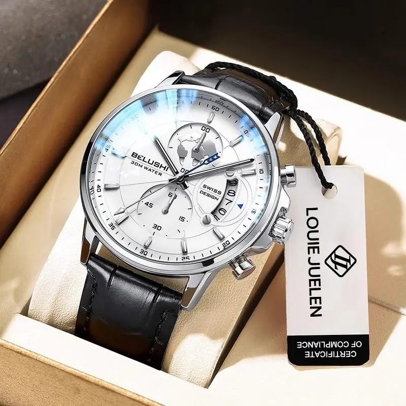 Elegant Men's Watch: Globe Design, 30m Water Resistance, Luminous Dial, Calendar & Chronograph |   Stylish for Day & Business |   Classic Timepiece