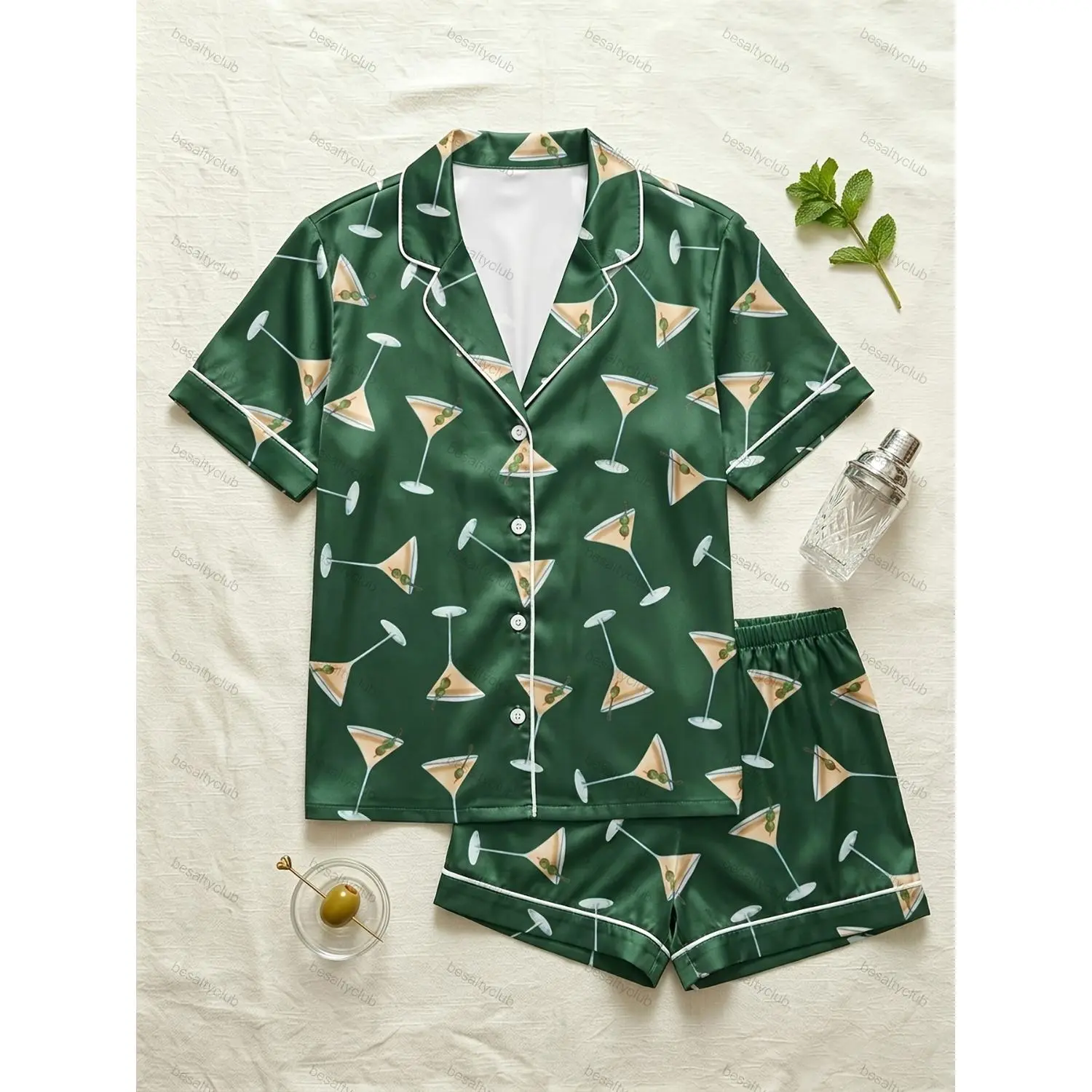 2-Piece Women's Luxury Satin Loungewear Set, Elegant Martini Cocktail Print, Cozy Short-Sleeve Button-Lapel Top & Shorts, Smooth Breathable Fabric, Premium Lounge Sleepwear, Chic Party & Vacation Outfit, All-Season, Sophisticated Gift
