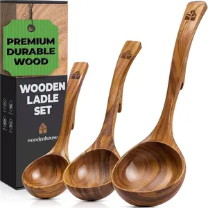 3 Size Teak Wood Non-Stick Wooden Ladle Spoon Set with Back Hooks for Cooking Serving Stirring Soup for Pot & Bowl