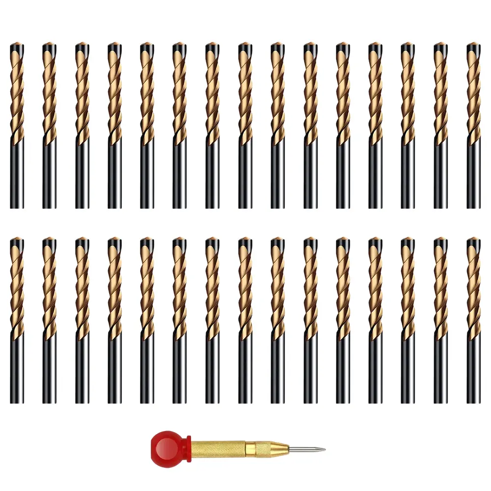 30 Packs 5/32 Inches Straight Shank Twist Drill Bits with 1pc Automatic Center Punch, Nitride Coated High Speed with Shank & Glass Punch Drill for Stainless Steel Alloy Metal Plastic Wood