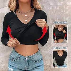 ChicMe Women's V Neck Long Sleeve Ribbed Knit Top Slim Fit Base Layer Shirt Soft Stretchy Casual Tee with Built-in Bra