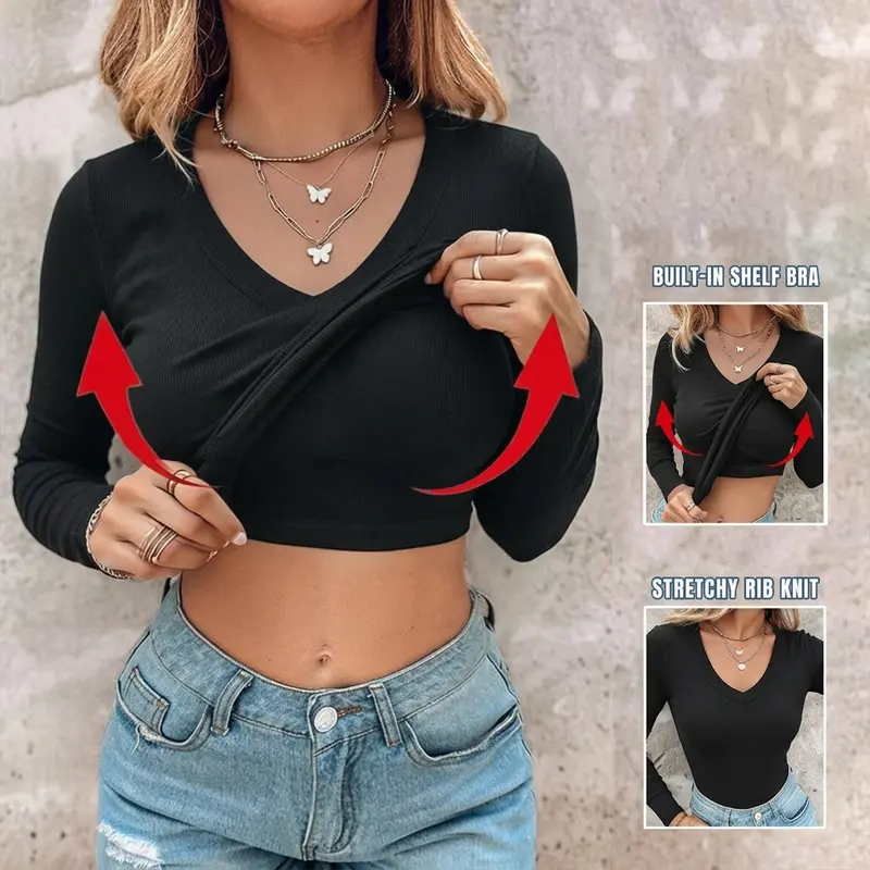 CHICME Women's V Neck Long Sleeve Ribbed Knit Top Slim Fit Base Layer Shirt Soft Stretchy Casual Tee with Built-in Bra