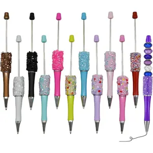 12 count Petal Glitter Beadable Ballpoint Pens Retractable  Bead Pen Plastic DIY Bling Pens Cool Shaft Beaded Pen Black Ink for DIY Making School Party Office (Beads Not Included)