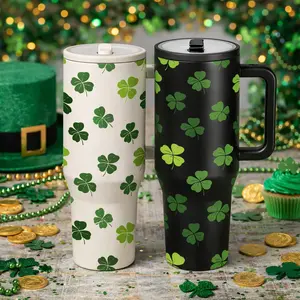 AuraCup 1pc 40oz Insulated Tumbler with Handle and Lid, Green Clover Pattern Stainless Steel Vacuum Travel Mug, Large Capacity Reusable Cup, Vacuum Insulated Flask, Keeps Drinks Cold 12h Hot 6h, Gift for St Patrick’s Day, Drinkware