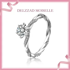 Delzzad S925 1ct Round Synthetic Moissanite Rope Ring Daily Costume Jewelry Accessories Perfect Birthday Wedding Engagement Anniversary Gifts for Women