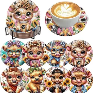 8 pieces/set of diamond art painting coasters with brackets, DIY animal cow pattern diamond art coasters, suitable for both adults and beginners as diamond painting sets, diamond set craft supplies, Diamond Painting Kits, exquisite gifts for friends