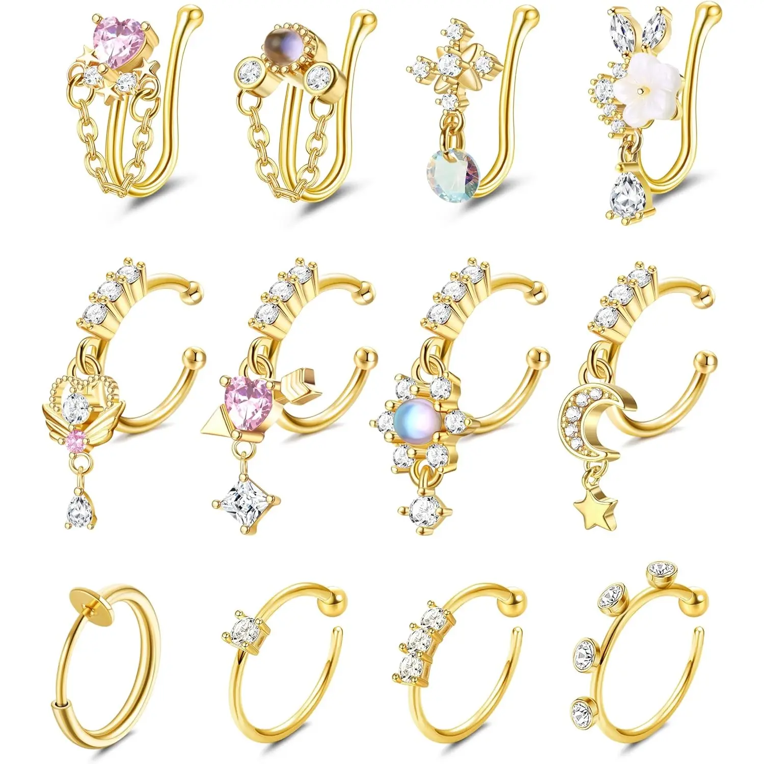 Milacolato Women's U-Shape Non-Piercing Nose Cuff Set - CZ Dangle Nose Rings Set, Clip-On Cartilage Tragus Body Jewelry for Casual Everyday Use, Fake Piercings, Accessories For Women, Female, Affordable, Nose Rings For Women, Adjustable Fit