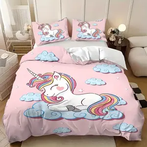 3pcs Heart Unicorn Bedding Set, One Fitted Sheet and Two Pillowcases, Polyester Fabric, Soft and Breathable, All Seasons Use, Decorative Bedding Set, Soft Bedding Sets