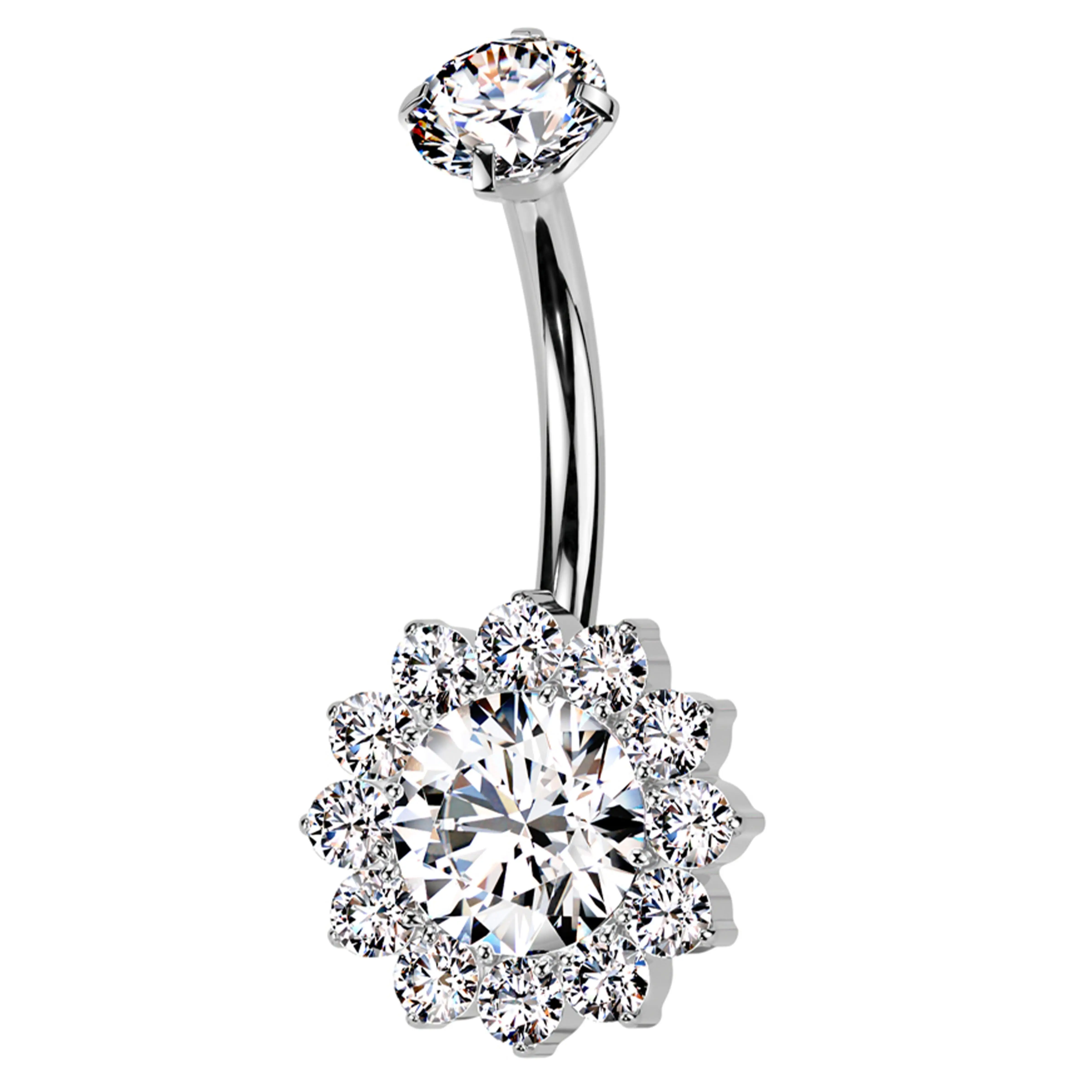 Clear CZ Bold Flower Titanium Internally Threaded Belly Button Ring