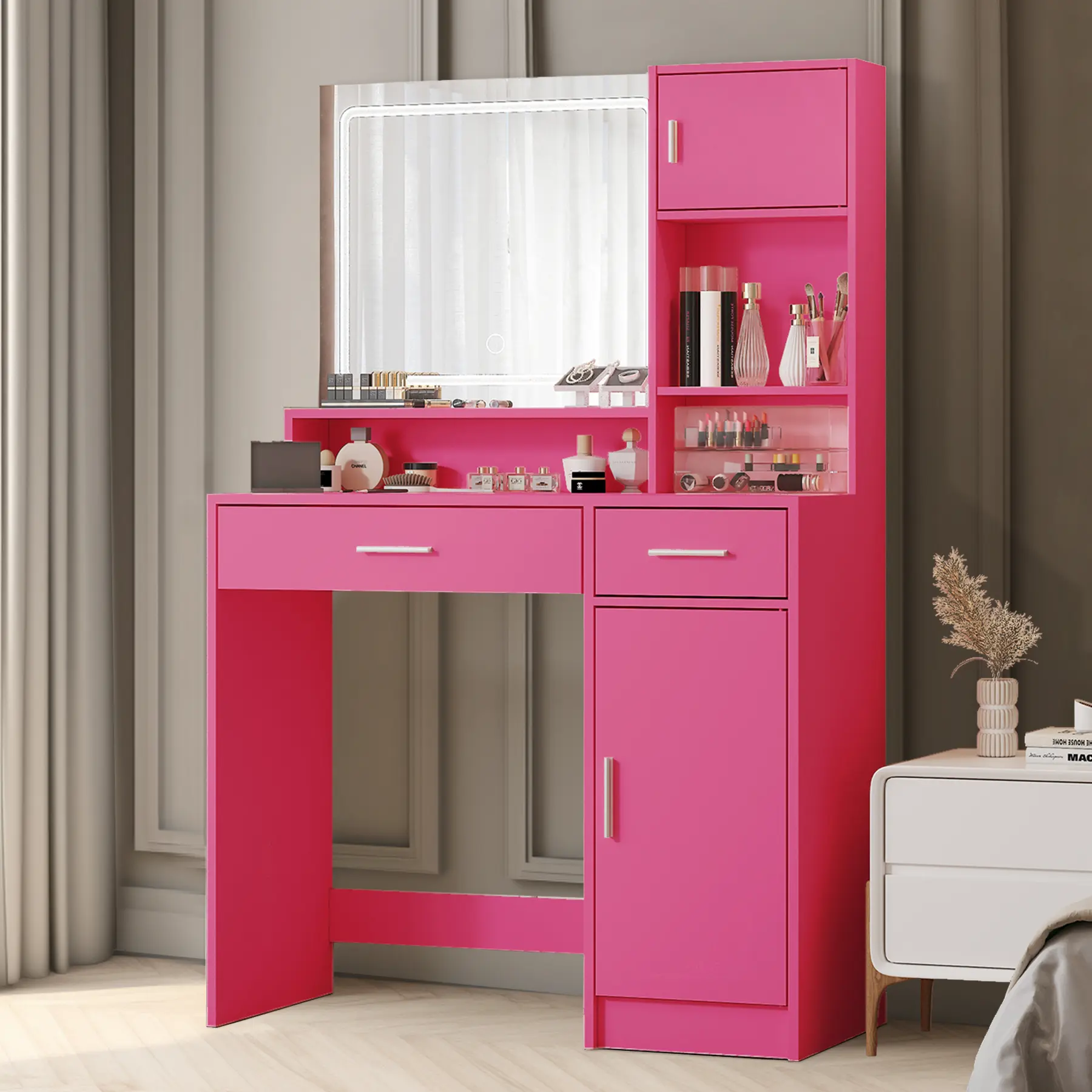 Lighted Makeup Vanity Table with LED Light Strip, Mirror, 3-Tier Storage, Large Drawer & 3 Adjustable Brightness Modes, Rose Pink Bedroom Indoor Furniture, Lighted Vanity Table