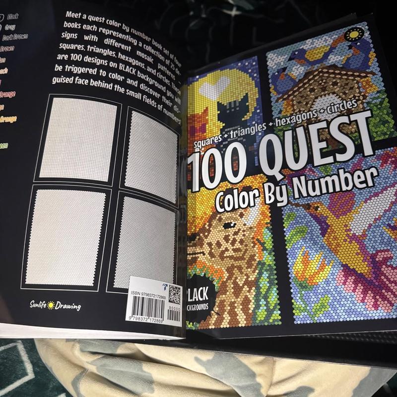 100 QUEST Color By Number: Squares + Triangles + Hexagons + Circles (BLACK backgrounds): color quest activity book for adults