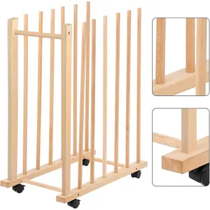 Large art drying rack made of solid wood with four caster wheels and a handle; canvas storage stand for drawing boards, frames, panels, paintings, and artwork display.