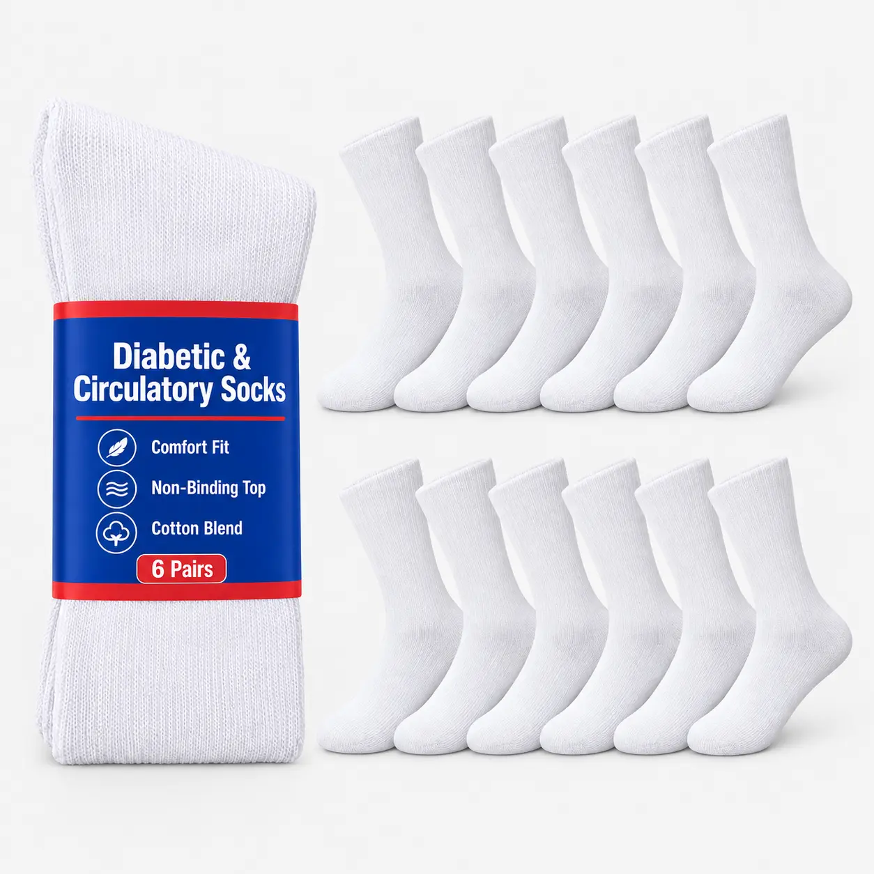 Men's & Women's Diabetic Crew Socks, 3/6/12 Pairs, Everyday Non-Binding Wide Top, Seamless Toe, Soft Cotton, Breathable, Stretchable, Moisture-Wicking, for Neuropathy, Edema