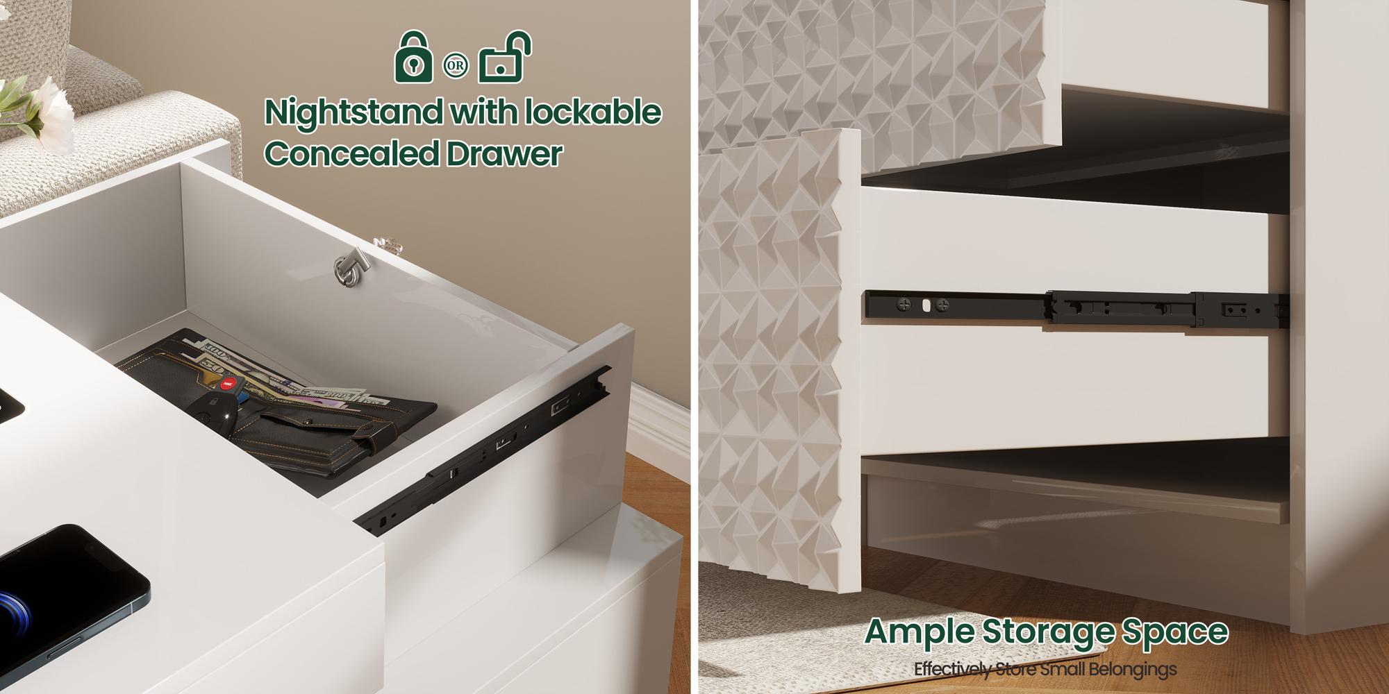 Vlsrka LED Nightstand - Modern Bedroom Space-Saving Furniture, 3-Color Adjustable Lighting, 2 Spacious Drawers, Hidden Storage, Decorative Wooden Charging Furniture with Built-In Charging Ports for Clean Aesthetic Rooms