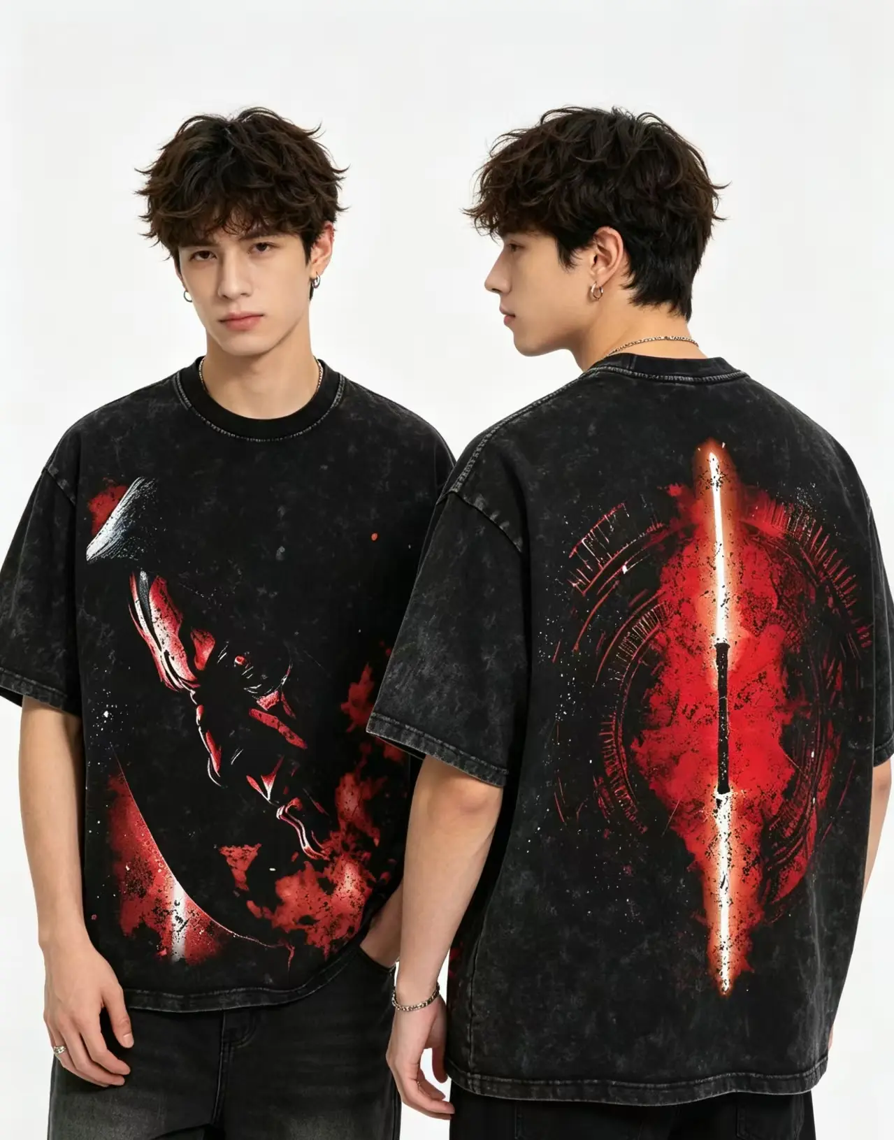SuperStyle Men's Oversized Streetwear T-Shirt, Acid Washed Cotton with Darth Maul Vintage Graphic - Lightweight Short-Sleeve Apparel with Seamless Ribbed Collar casual all-season comfortable short sleevetrendy t-shirts,symbol t-shirt,symbol t-shirt